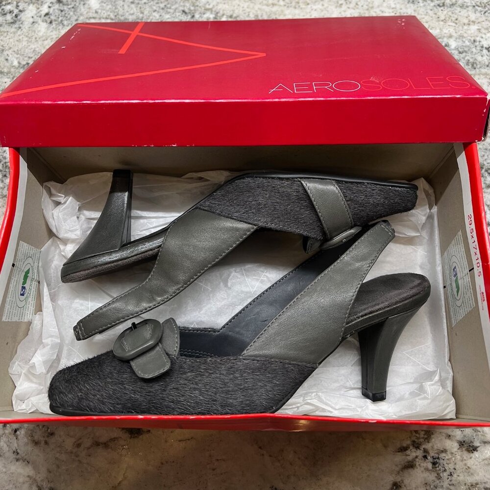 Aerosoles 7M Dark Grey Leather & Pony Hair Sling Back Shoes